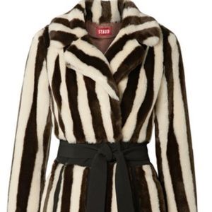 Staud Bungalow Belted Striped Faux Fur Coat
